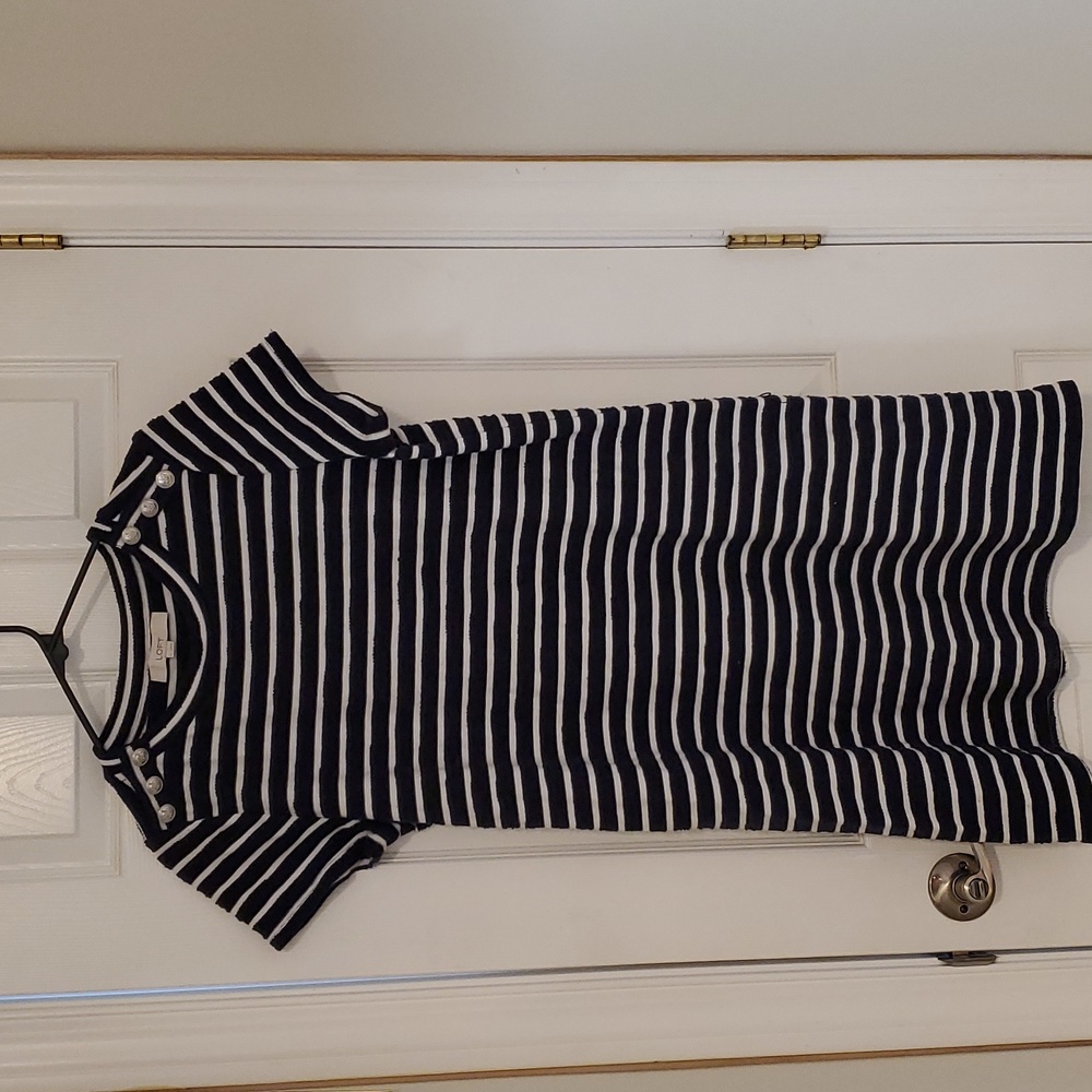 LOFT Women's Navy Blue and White Striped Dress Size Large